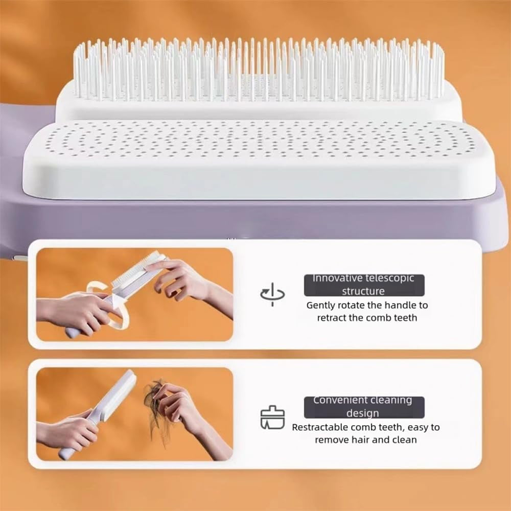 Self Cleaning Hair Brush, Easy Clean Brush with Retractable Bristles|Purple