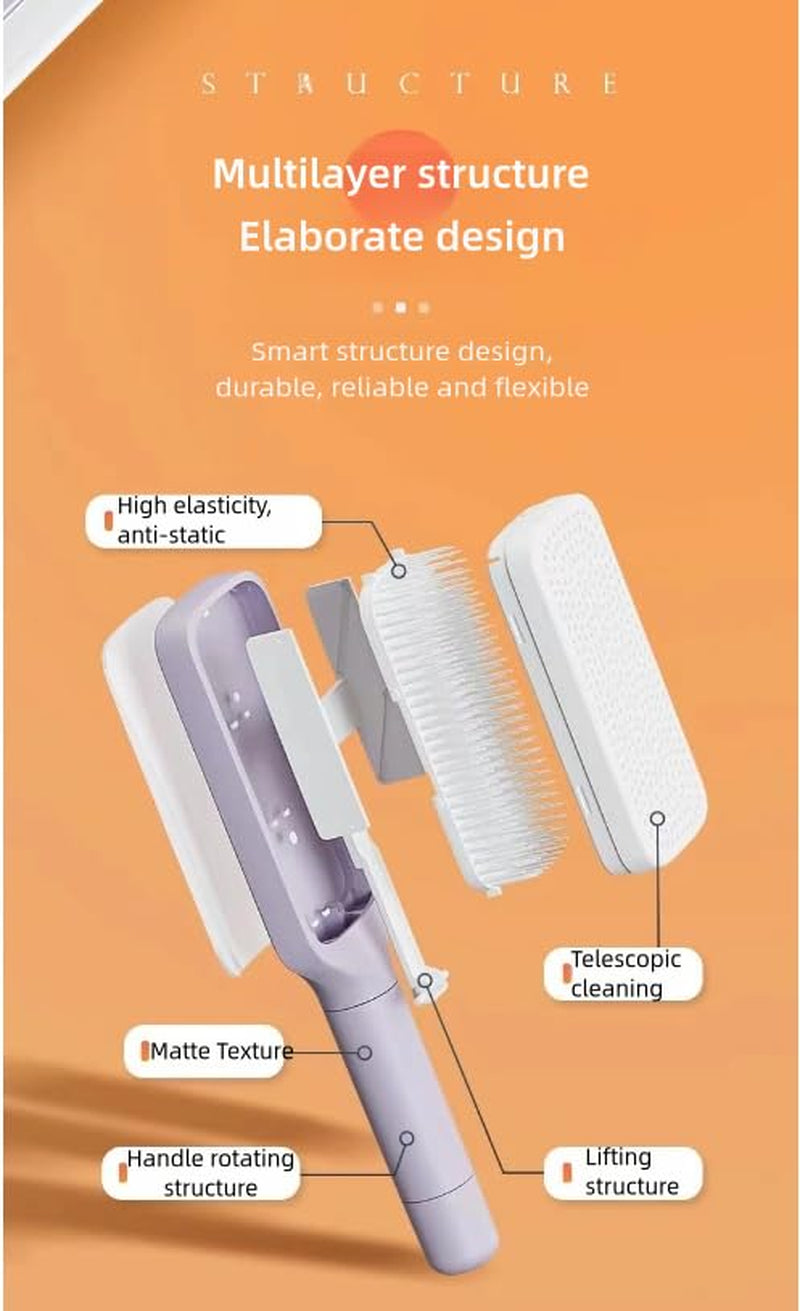 Self Cleaning Hair Brush, Easy Clean Brush with Retractable Bristles|Purple