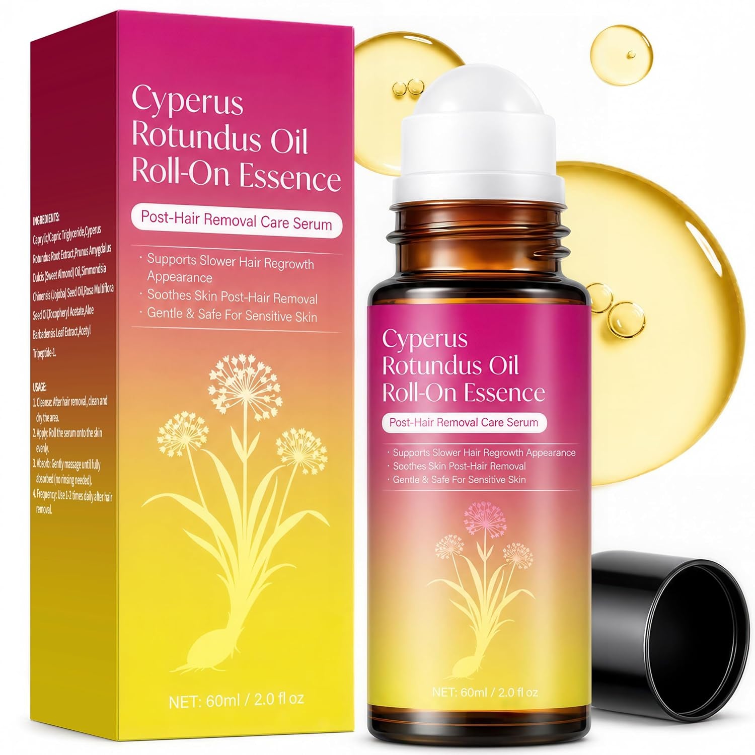Cyperus Rotundus Oil Serum Roll-On, Natural Cyprus Cypress Oil for Hair Removal, Hair Growth Inhibitor to Reduce Unwanted Body Hair, Soothes & Smooths Skin, 2.02 Fl Oz