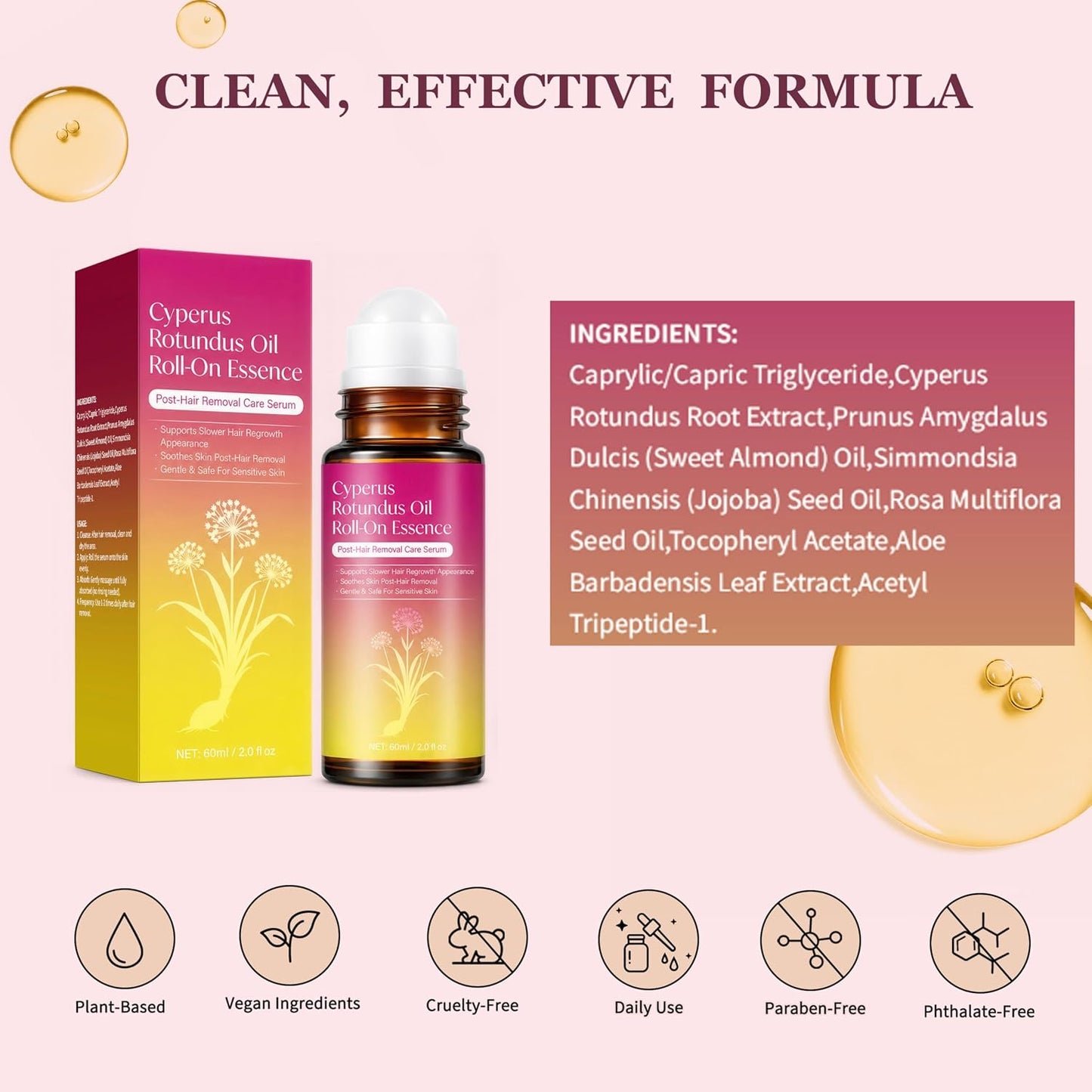Cyperus Rotundus Oil Serum Roll-On, Natural Cyprus Cypress Oil for Hair Removal, Hair Growth Inhibitor to Reduce Unwanted Body Hair, Soothes & Smooths Skin, 2.02 Fl Oz
