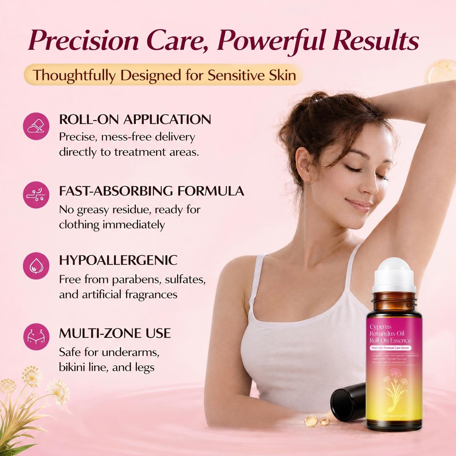 Cyperus Rotundus Oil Serum Roll-On, Natural Cyprus Cypress Oil for Hair Removal, Hair Growth Inhibitor to Reduce Unwanted Body Hair, Soothes & Smooths Skin, 2.02 Fl Oz